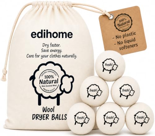 edihome Bolas de Secadora de Ropa – Pack 6 Bolas de Lana 100% Natural para Secadora, Reducen el Tiempo de Secado y Suavizan la Ropa, Alternativa Ecológica al Suavizante, con Bolsa