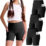 SKIDREAM 3 Pack Girls 4'' Biker Shorts with Pockets, High Waisted Athletic Running Yoga Shorts for Kids Teen