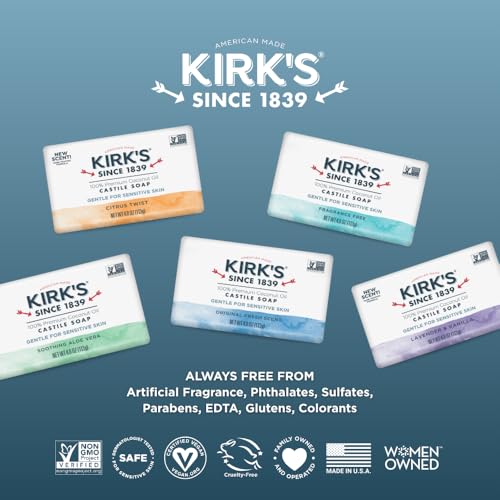 Kirk's Castile Bar Soap for Men, Women & Children - Made With Premium Coconut Oil, Sensitive Skin Formula, Vegan, Non GMO, Original Fresh Scent, 4 oz. Bars, 6 Pack