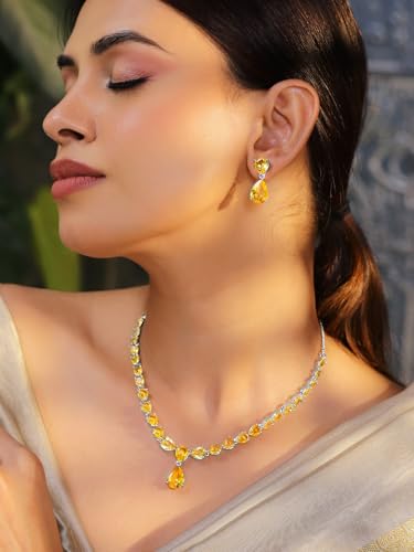 Image of Rubans Necklace Set Rhodium Plated Crystal Studded Jewellery Gift for Women & Girls