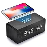 Livsmon Wooden Digital Alarm Clock, Wireless Charging, Voice Control, 3 LED displays, 3 Brightness...