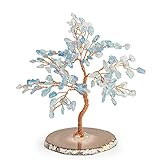 KARMA AND LUCK - Relaxing Lullaby - Real Aquamarine Stone Feng Shui Small Tree of Life to Manifest Your Dreams for Tranquility, Fluidity, Soothing Hand-Wrapped with Copper Wire on Agate Base