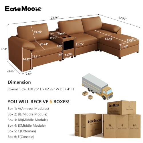 Image of EASE MOOSE Leather Sectional Couch, Oversized Modular Sectional Sofas, Wide Deep Seat Modular Couch, Scratch Resistant Faux Leather Material, L Shaped Sofa for Big Spaces,Brown