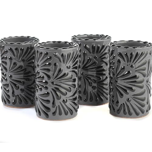 Image of Talavera Shot Glasses Set of 4 Authentic Mexican Tequila Shot Glasses - Hand-painted - 2 Oz (Black Brushstroke Gray Background)