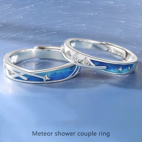 Meteor Shower Matching Couple Rings for Him and Her Sterling Silver 925 Crystal Cubic Zirconia Starry Sky Lucky Star Engagement Wedding Ring Promise Ring Statement Band Adjustable Finger Bands Set3