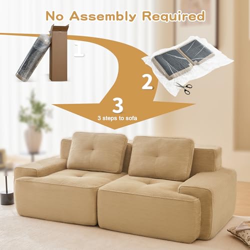 Image of 82 inch Modern Modular Boneless Couch for Living Room, 2 Seat, Soft Corduroy Fabric, Deep Seat Cloud sectional Sofa with Pearl Like Piping and Tufted Design, No Assembly, Anti Slip, Camel