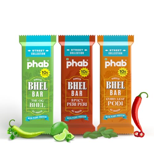 Image of PHAB Bhel Protein Bar - Assorted Protein bar with Pack of 3 Flavours | OG Bhel, Peri Peri, Podi Curry Leaf | Savoury Roasted Snack Bars | 10g Protein Each, <150 Cal, Gluten-Free, No Palm Oil | (Pack of 6x35g)
