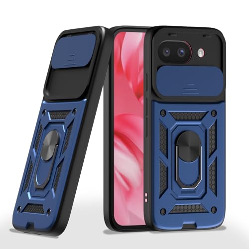 Image of Pikkme Back Cover for Google Pixel 9A | 360 Protection Case | Sliding Camera Shield Cover & Ring Holder Stand D10 Tough Armor Bumper Case (Blue)
