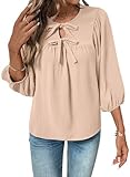 SHEWIN Womens Tops Babydoll Puff Sleeves Blouse 3/4 Sleeves Dressy Casual Bow Tie Flowy Elegant Loose Ladies Shirt Spring Summer 2026 Clothes White Apricot Size L