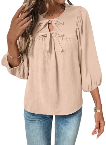 SHEWIN Womens Tops Babydoll Puff Sleeves Blouse 3/4 Sleeves Dressy Casual Bow Tie Flowy Elegant Loose Ladies Shirt Spring Summer 2026 Clothes White Apricot Size L
