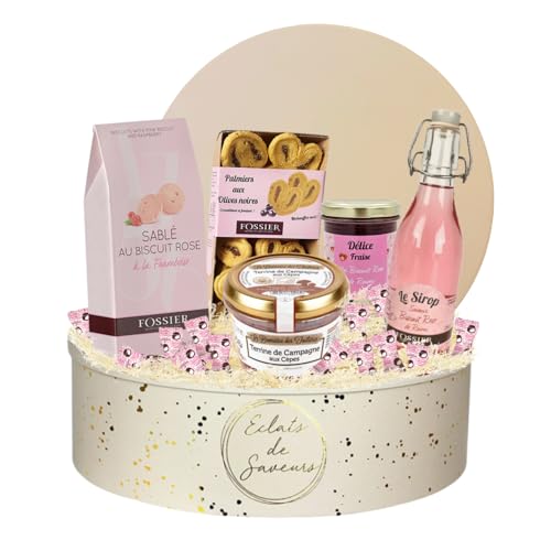 Coffret gourmand avec biscuits roses et terrine pour un cadeau réussi sans stress
