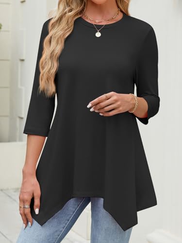 JUSTFASHIONNOW Black Tunic Tops for Women Loose Fit Dressy Casual 3/4 Length Sleeve Womens Fall Tops Asymmetrical Hem Ladies Clothing Outfits（Black，Small — view 5
