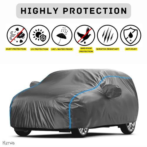 Image of Kerwa Car Body Cover Waterproof Compatible with Mahindra XEV 9e | Scratch Proof, Anti-Dust, UV Protection with Windproof Buckle Strap and Mirror Pockets, Bottom Elastic Fitted-Grey