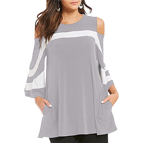 Damen Basic O-Neck T-Shirts Schulterfrei 3/4 Kurzarm Tasche Lose Glockenform Tee Tops, grau, Groß Cover