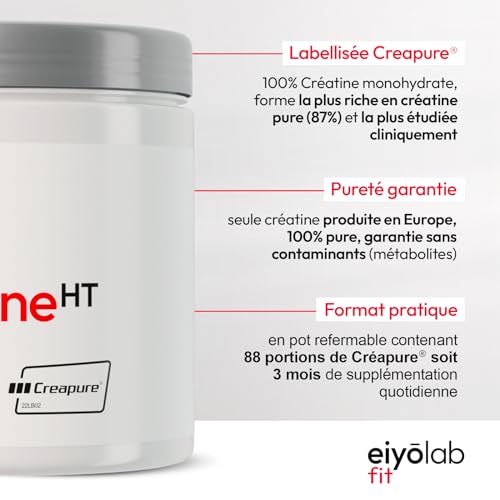 PURE CREATINE HT | 100% Creatine Monohydrate Creapure® en Poudre | Pre Workout Musculation | Prise de Masse, Force et Résistance Musculaire | 300 grammes - 88 Shakers | Poudre Non Aromatisée | Eiyolab – Image 4