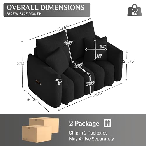 Image of OUYESSIR 56 inch Modern Sofa Couch, Comfy Deep Seat Teddy Cloud Sofa, Upholstered 2-Seater Boucle Couch, Oversized Loveseat for Living Room, Bedroom, Office, Apartment, Black