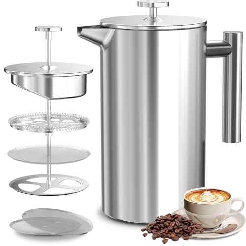 VOSFEEL French Press 600ML Cafetiere 4 Cup Stainless Steel Coffee Press Double Wall Insulation 3 Level Filtration System Heat Resistant Easy to Clean
