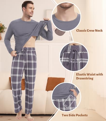 Image of NACHILA Pajamas for Men-Viscose Made from Bamboo, Long Sleeve Pajamas Set Comfy Sleepwear Pants Soft V Neck Pjs with Pockets