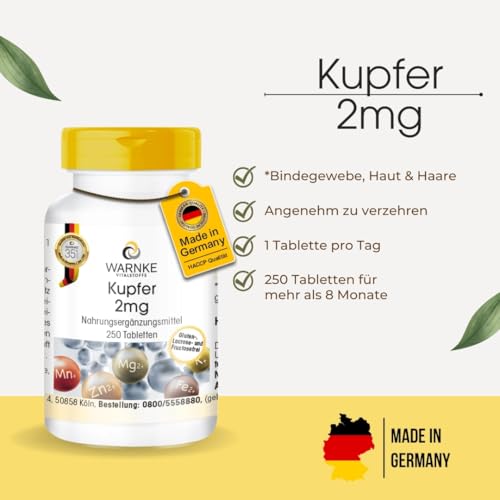 Kupfer 2mg - 250 Tabletten mit je 2mg - Kupferbisglycinat - HOCHDOSIERT - Deutsche Apothekenqualität - vegan | Warnke Vitalstoffe