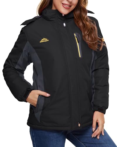 TACVASEN Skijacke Damen Warm Winterjacke Wasserdicht Atmungsaktiv Fleece Softshelljacke Outdoor Funktionsjacke mit Kapuzen Schwarz Grau M