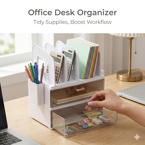Image of CiWiVOKi Desk Organizer with 4 File Slots and 2 Drawers, White | Desktop organizer with dual pen holders for storing files, mail, notebooks and office supplies in home or office use