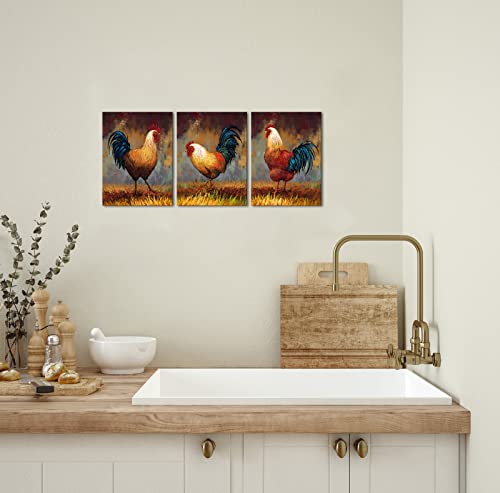 Fushvre Rooster Kitchen Decor Chicken Wall Art Picture On Canvas Farmhouse Decorations For Home Framed 12"X16"X3Pcs #TOP1