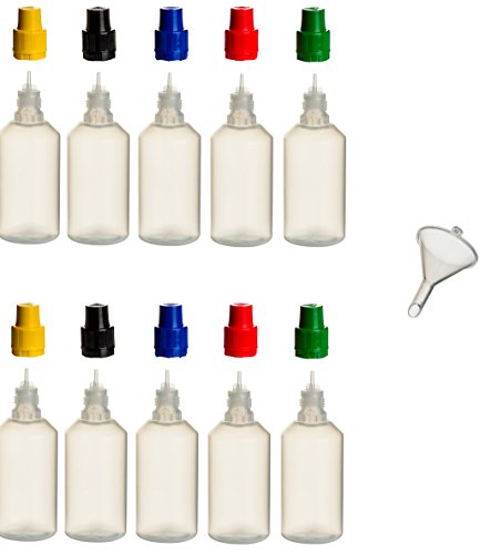 10 Stück 50 ml PP-Flaschen MIT FARBIGEN DECKELN + Füll-Trichter - Quetschflasche Leerflasche Kunststofflasche Plastikflasche Spritzflasche quetschbar zum befüllen und mischen auch Liquide Cover