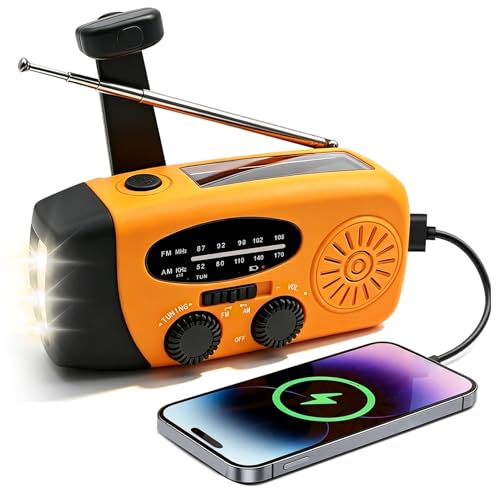 Radio Solaire d'urgence Portable avec 3 Lampes Torches LED Batterie Rechargeable 2000 mAh Chargeur Solaire Port USB AM/FM 3 Modes Charge pour appareils Mobiles...