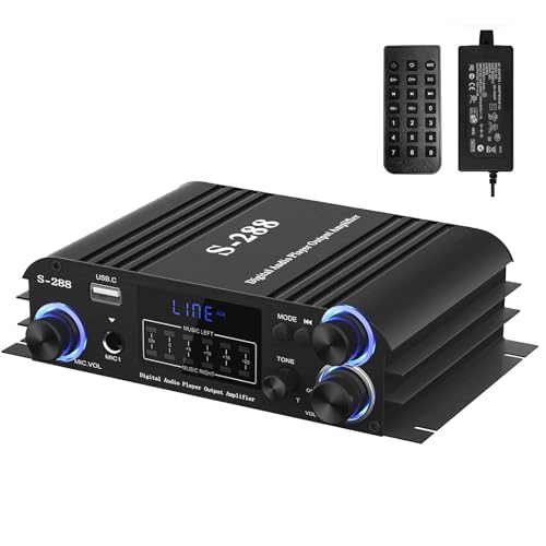 4 Channel Bluetooth 5.0 Stereo Amplifier 50Wx4 HiFi Power Amplifier, 1200W Max USB/SD/FM Inputs Class D Audio Amp with Remote and Power Adapter for Home Theater & Karaoke