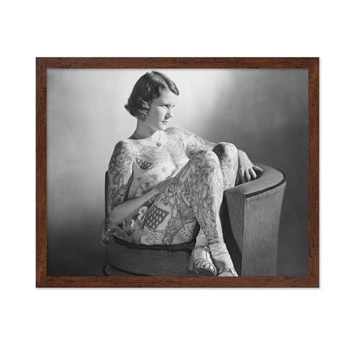 Poster Master Vintage Tattooed Lady Poster - Retro Woman With Tattoos Print - Tattoo Art - Circus Design - Black & White Photography - Office or Living Room Wall Decor - 8x10 Brown Framed
