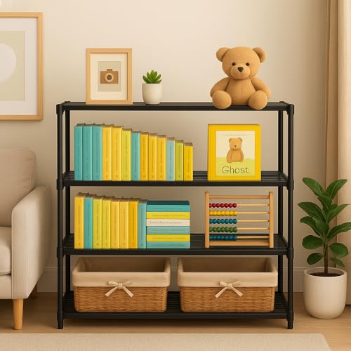 HOTEC 4 Tier Book Self Portable Book Shelf, Kids Books Racks for Home Plastic, Bookshelf for Home, Book Shelves, Storage Container, Book Rack for Study Room/Library/Bedroom (Black, 4)