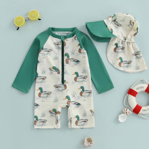 KMBANGI Toddler Baby Boy Mallard Swimsuit Kids Rash Guard Long Sleeve One Piece Bathing Suit Duck Hunting Swimwear with Hat3