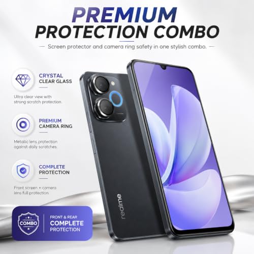 Image of FIRST MART Tempered Glass for Realme P4 Lite 5G with Black Camera Ring Guard & Installation Kit | HD Clear Edge-to-Edge Screen Protector, Scratch Resistant, Case-Friendly | Pack of 1