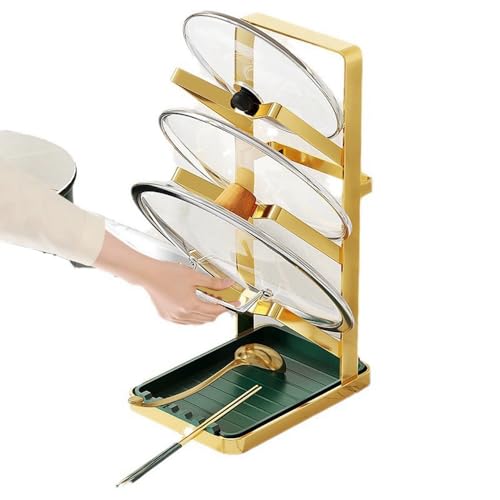 Shukitechi 3-Tier Pot Lid and Utensil Storage Rack with Drip Tray, Multifunctional Countertop and Cabinet Organizer for Spoons, Cutting Boards, Bakeware, and Kitchen Accessories (Gold)