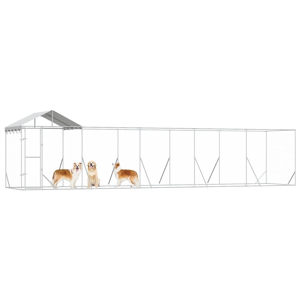 Zewnętrzna hodowla dla psów z dachem, 10 x 2 x 2,5 m, ocynkowana stal, dla psów, szczeniaków, zwierząt domowych, srebrna, odporna na warunki atmosferyczne, bezpieczny kojec dla królików i kaczek
