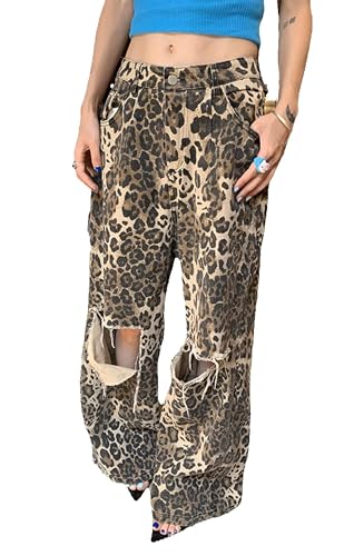 Women's Jeans Wide Leg Ripped Y2K High Waisted Baggy Leopard Print Pull On Pants for Women 2025 Trendy