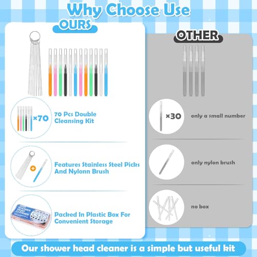 Image of 80 Pcs Multisize Shower Head Cleaner Tool, 70 Pcs Shower Head Cleaning Brush Picks for Unclogging Small Hole,10 Pcs Showerhead Clogger Removal with Storage Box for Household Bathroom(Colorful)