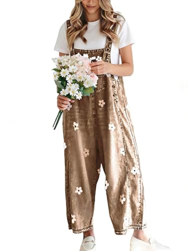 utcoco Women Floral Printed Adjustable Strap Denim Bib Overall Wide Leg Jeans Casual Baggy Overalls Jumpsuit, Brown, Small