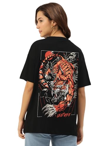 Image of LEOTUDE Women's Cotton Oversized Fit Short Sleeve with Round Neck, Oversized Longline Drop Shoulder, Back Printed T-Shirt