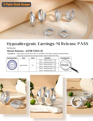 Image of LOLIAS Small 14K Gold Plated Chunky Hoop Earrings for Women Hypoallergenic Silver Earrings Set for Sensitive Ears Non Tarnish Huggie Hoops Earring Stacks for Multiple Piercing Jewelry Lightweight 3Pairs