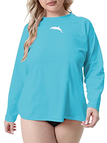 Halcurt Women’s Plus Size Long Sleeve Rash Guard Loose Fit Swim Shirt Upf50+ Sun Protection Swimsuit Top Light Blue #TOP30