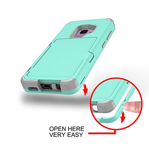 Sumsung Galaxy S9 Case, Acxlife Galaxy S9 Case Shockproof Heavy-Duty Protective Hybrid Cover With Card Slot Holder And Opened Back Mirror & Kickstand Case For Samsung (Green-B) #TOP4