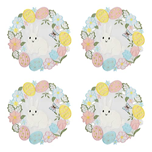 Easter Spring Placemats 14" Set of 4 Cutwork Embroidered Floral and Bunnies Eggs Dresser Scarf Table Topper Home Kitchen Dining Tabletop Decoration (Placemat 14" Set of 4, Bunny-4)