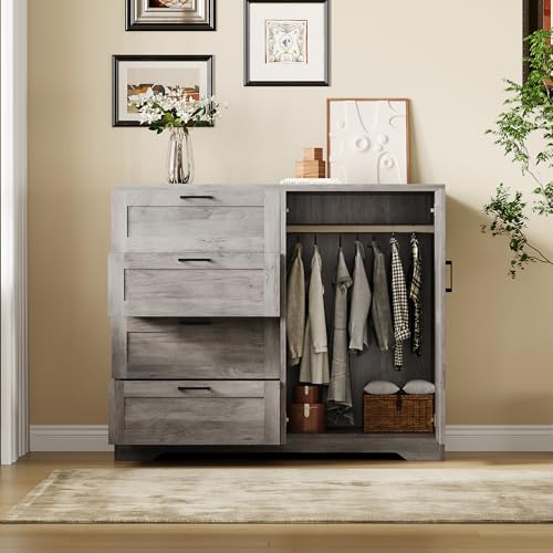 GarveeHome Multifunctional Wooden Dresser for Bedroom, 43.3'' H 2 Door Wardrobe Armoire Closet with 4 Drawers and Hanging Rod, Low Storage Cabinet for Hanging Cloth, Gray