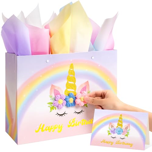Crisky Large Cowgirl Birthday Bags for Girls with Card and Tissue Papers, Pink Bear Large Girl Birthday Gift Bag for Western Cowgirl Party Favors Decorations Bday Gifts, 13"