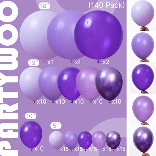 Image of PartyWoo Purple Balloon Arch Kit Garland 140pcs Different Sizes of 18 12 10 5 Inch Dark Royal Light Pastel Metallic Purple Lilac Balloons for Baby Shower Princess Birthday Butterfly Party Decorations