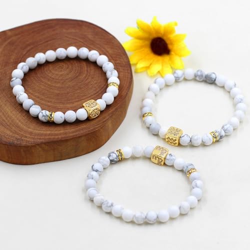 Image of Inlaid Zircon 12 Constellation Adjustable Stretch Bracelet - 6mm Frosted White Turquoise Beaded Bracelets for Women Men SJYA4647