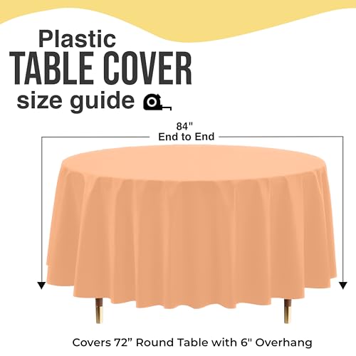 Image of Exquisite 66% Thicker Premium Peach Round Tablecloth 0.5 Mil 12 Pack Plastic Table Cloth Disposable 84 Inch Round Plastic Tablecloth Won't Tear Easily Like Cheap Thin Brands