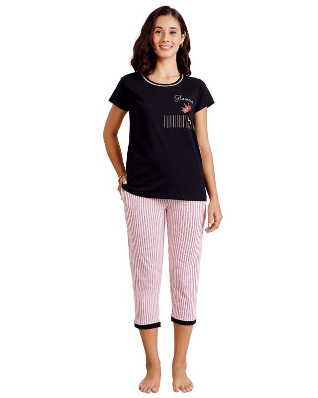 Women's Cotton Printed T-Shirt and Capri Set | Soft & Breathable Nightwear | Short Sleeves | Loungewear Co-Ord Set BSCS16035-image-41