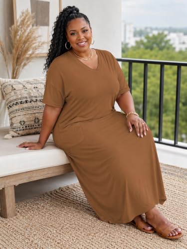 Image of Plus Size Maxi Dress for Women Short Sleeve V Neck Casual Loose Sundress with Pockets